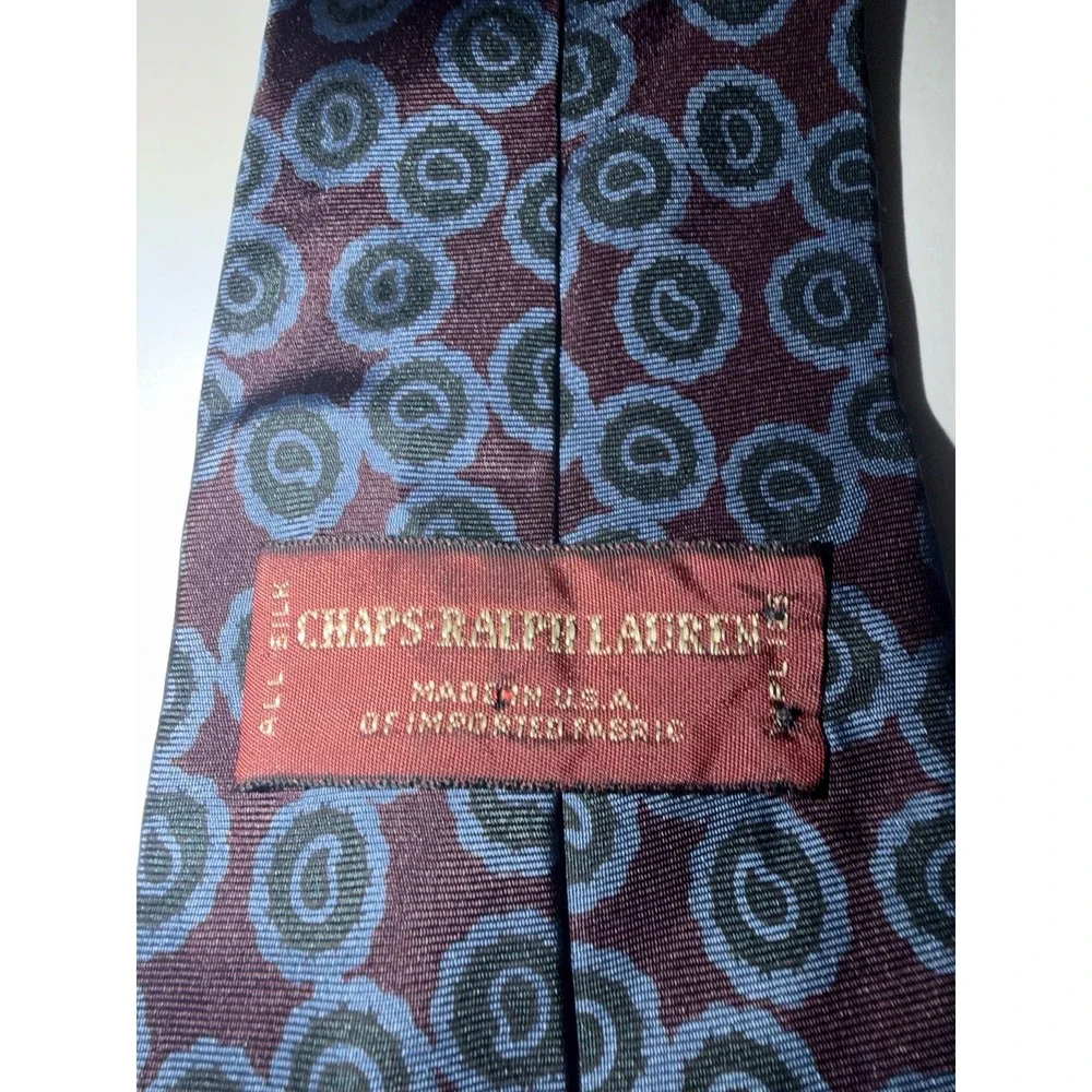 Chaps Ralph Lauren Mens Silk Necktie Burgundy Blue Geometric Paisley Made in USA